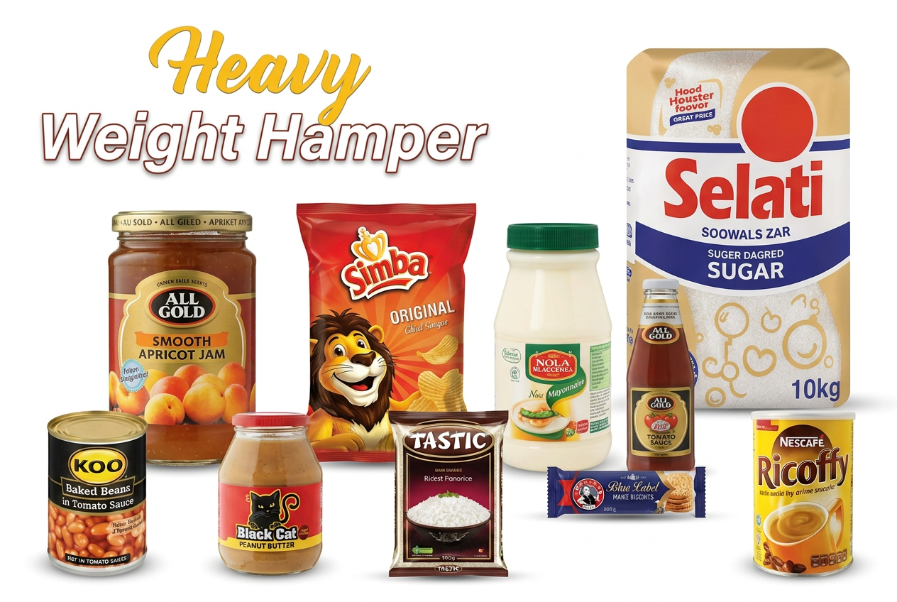 Heavy Weight Hamper pantry products arranged in two rows